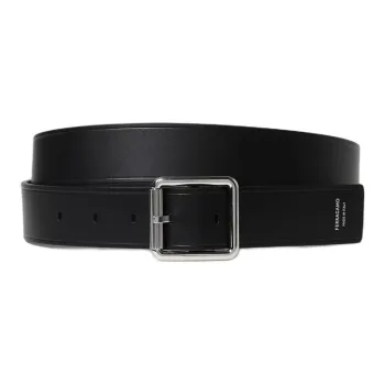 FERRAGAMO Logo Print Smooth Buckle Leather Belts Men's Black 3.5CM