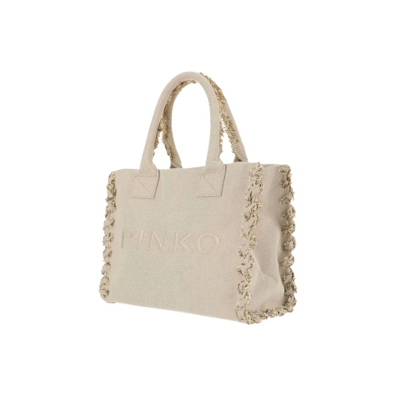 PINKO Cotton Tote Bag, Shopping Bag, Shoulder Bag, Handbag Women's Beige-1