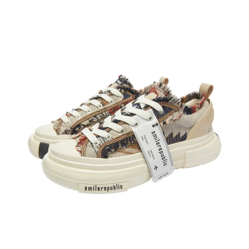 SMILEREPUBLIC INCEPTION 70s Multicolor Wool Ethnic Fabric Height Increasing Low Top Canvas Shoes Unisex Multicolor-2