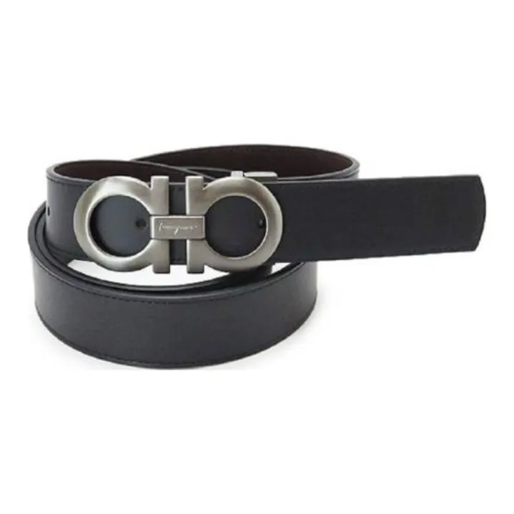 FERRAGAMO Logo Decoration, Smooth Buckle Calfskin Leather Belts Men's Black-0