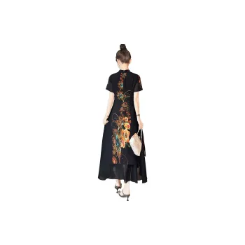 Cypress House Short-Sleeved Dresses Women's Black Background With Yellow Flowers