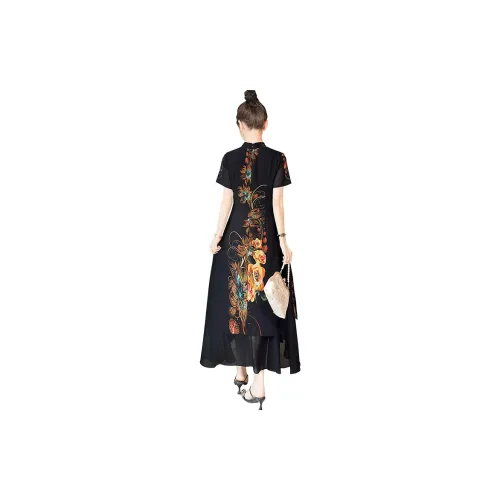 Cypress House Short-Sleeved Dresses Women's Black Background With Yellow Flowers