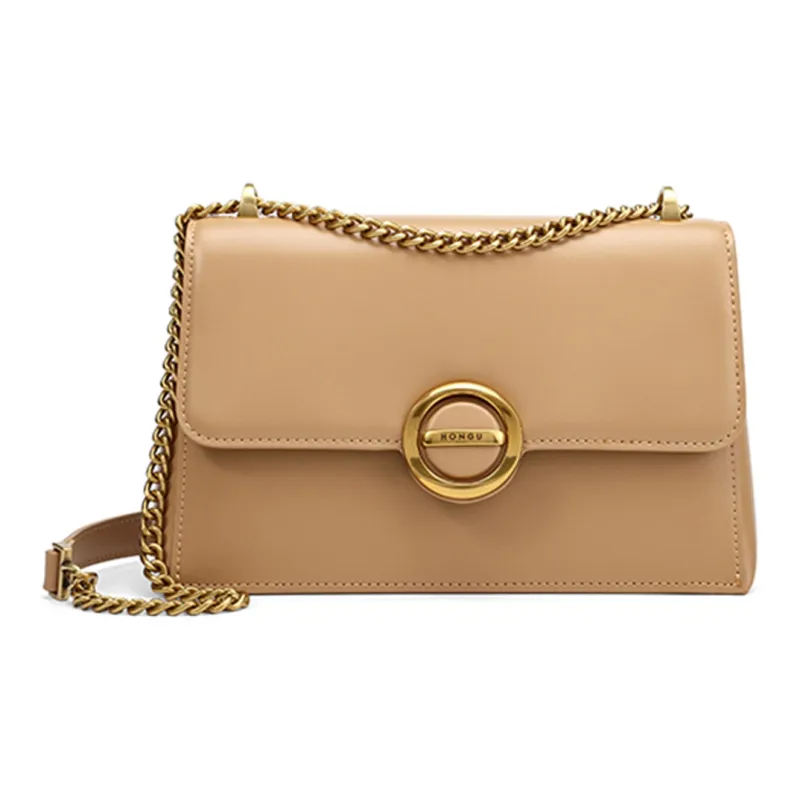 HONGU Cow Leather Small Square Bag Shoulder Bag Women's Gold Brown/Sand Apricot/Pitch Black-3