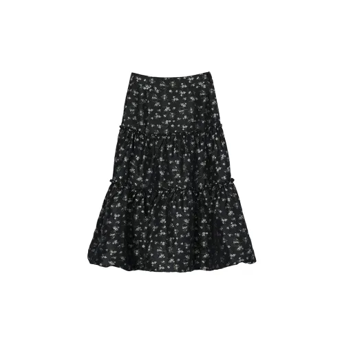 Ouyang Casual Long Skirts Women's Black Background Floral Pattern