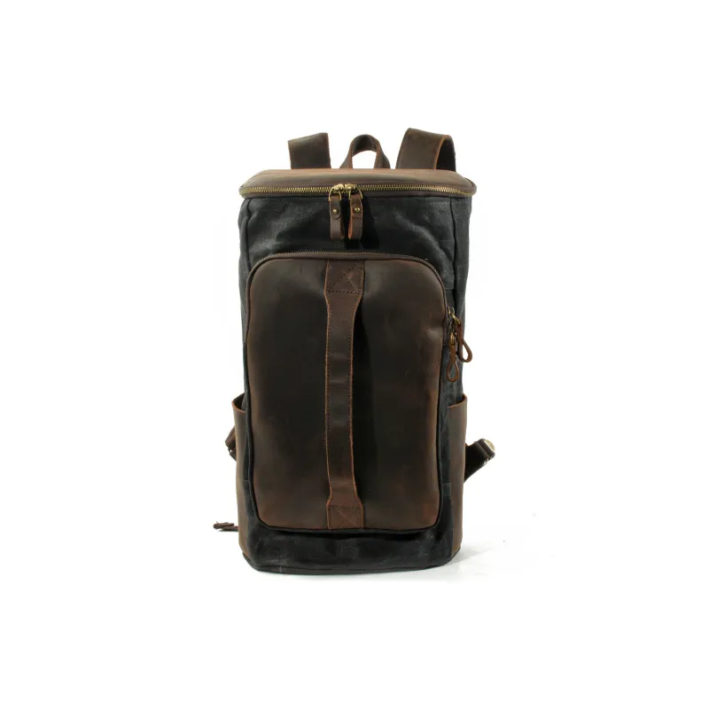 PULUWIRR Cowhide Patchwork Canvas Backpack Unisex Black/Khaki/Army Green/Gray-0