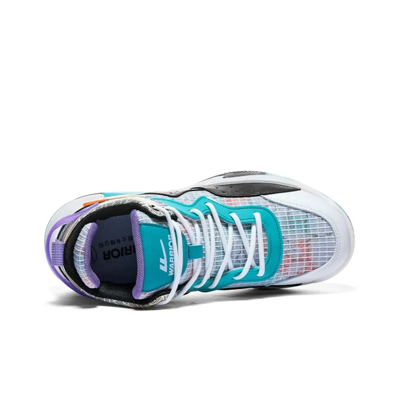 Warrior Anti Slip Wear Resistant Breathable Support Mid Top Basketball Shoes Men's White Black Lake Blue-3