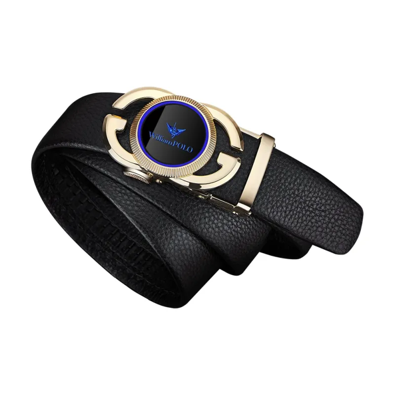 WilliamPOLO Cow Leather Top Grain Cow Leather Leather Belts Men's Gold Tone Lock Blue Logo Width 3.5cm-1