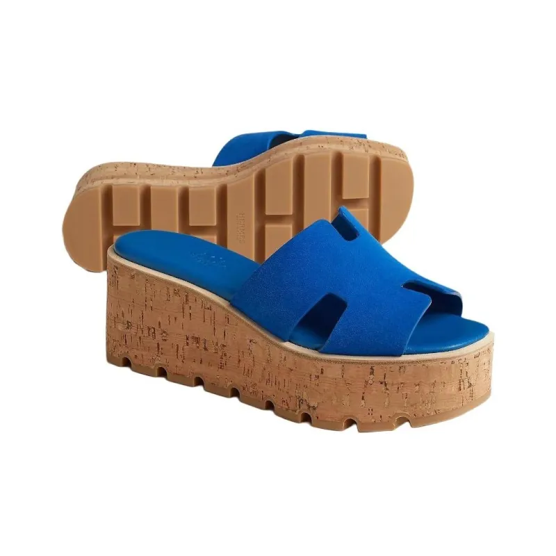 HERMES Eze Slide Slippers 7cm Women's Blue-2