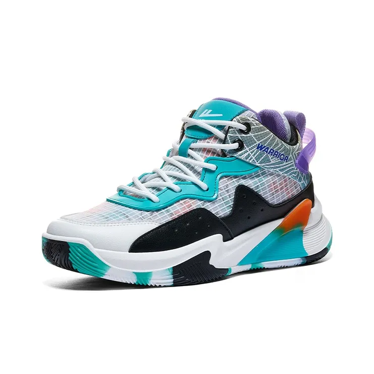 Warrior Anti Slip Wear Resistant Breathable Support Mid Top Basketball Shoes Men's White Black Lake Blue-1