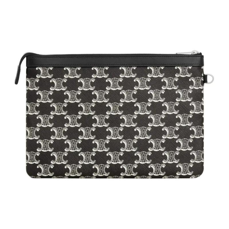 CELINE Triomphe Canvas-paneled Calfskin Trim Clutch Men's ** Black & White-3