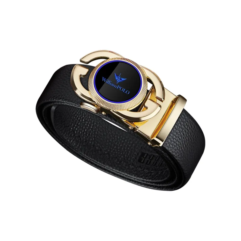 WilliamPOLO Cow Leather Top Grain Cow Leather Leather Belts Men's Gold Tone Lock Blue Logo Width 3.5cm-2
