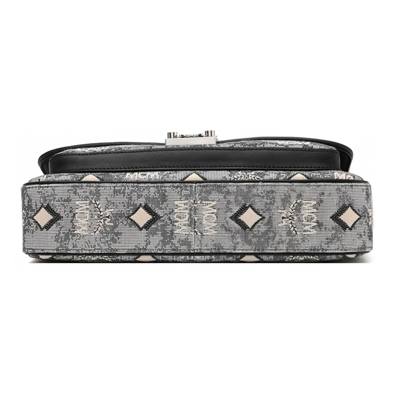 MCM Nappa Leather With Jacquard Fabric And Cow Leather Handbag, Shoulder Bag, Crossbody Bag Medium Size Women's Gray-4