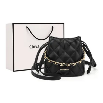 CinvaiKrose Cow Leather Synthetic Leather Crossbody Bag Shoulder Bag Portable Bucket Bag Small Size Women's Black/Ecru