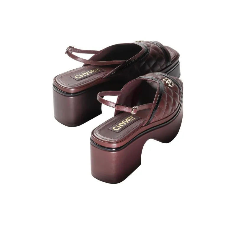 CHANEL One Strap Sandals 6cm Women's Burgundy-3