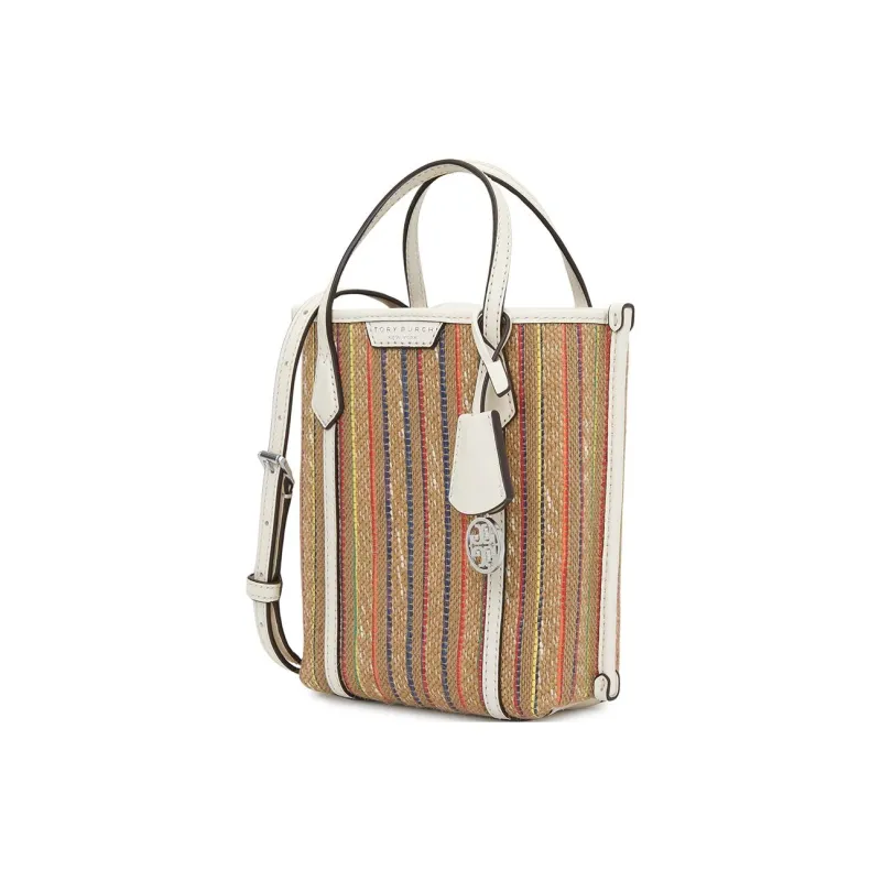 TORY BURCH Perry Raffia Leather Trim Tote Bag Shopping Bag Shoulder Bag Crossbody Bag Handbag Mini Women's Multicolor-1