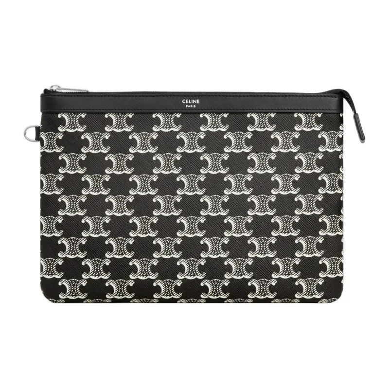 CELINE Triomphe Canvas-paneled Calfskin Trim Clutch Men's ** Black & White-1
