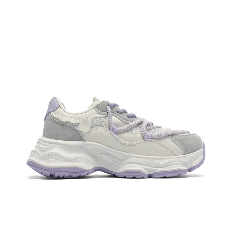 Warrior Chunky Sneakers Durable Breathable Lightweight Low-Top Casual Shoes Women's Beige Purple-2