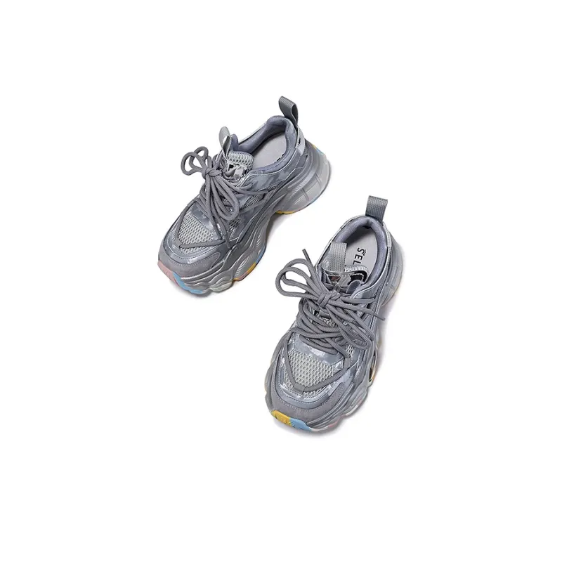 SELAIYA Anti Slip And Wear Resistant Height Increasing Low Top Chunky Sneakers Women's Silver, Black-3