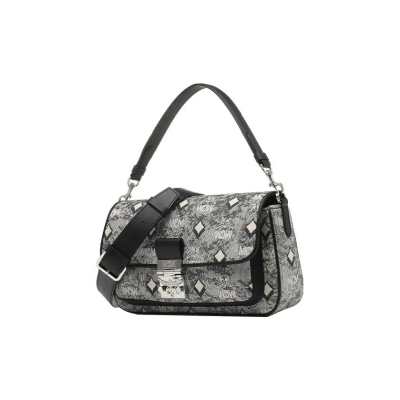 MCM Nappa Leather With Jacquard Fabric And Cow Leather Handbag, Shoulder Bag, Crossbody Bag Medium Size Women's Gray-1