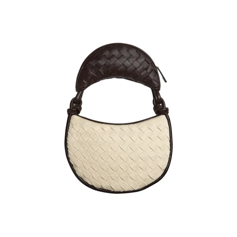 Bottega Veneta Intrecciato Canvas Handbag Shoulder Bag Women's Natural & Chocolate Brown-3