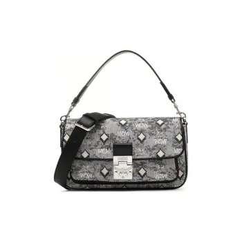 MCM Nappa Leather With Jacquard Fabric And Cow Leather Handbag, Shoulder Bag, Crossbody Bag Medium Size Women's Gray