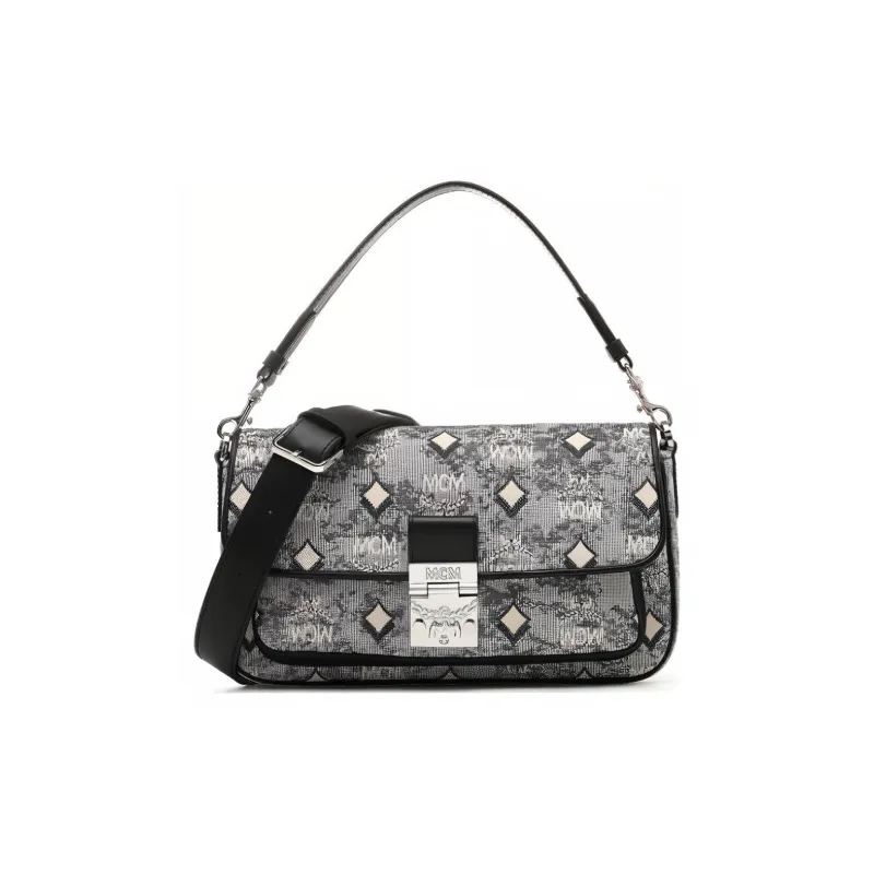 MCM Nappa Leather With Jacquard Fabric And Cow Leather Handbag, Shoulder Bag, Crossbody Bag Medium Size Women's Gray-0