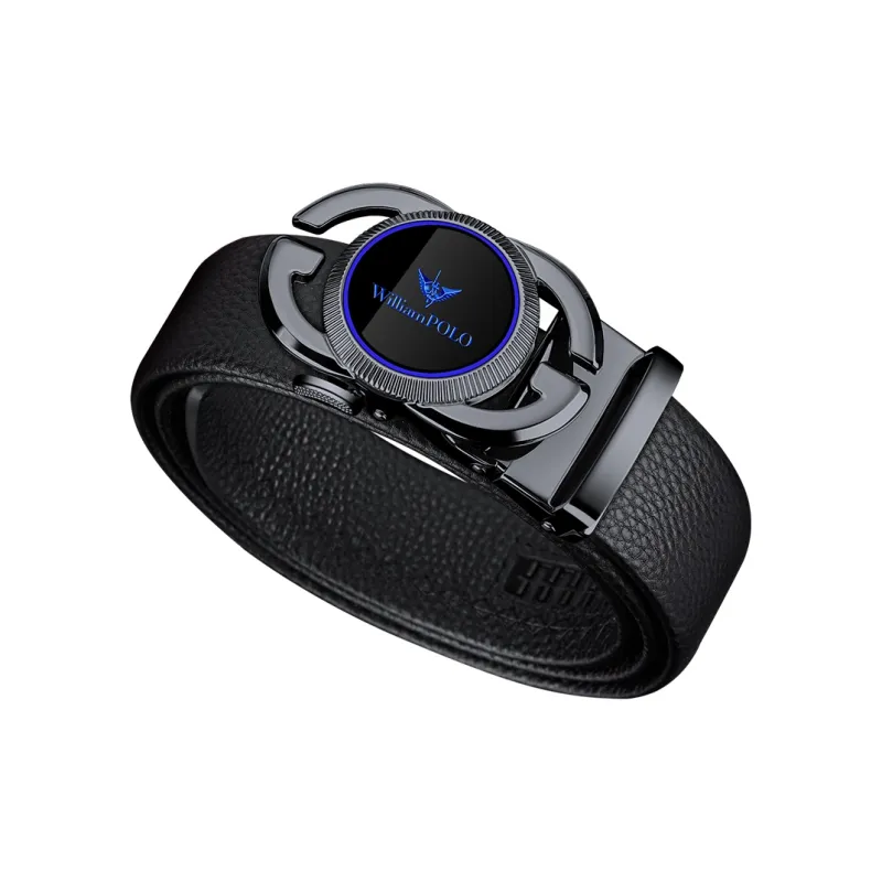 WilliamPOLO Cow Leather Top Grain Cow Leather Leather Belts Men's Gunmetal Buckle Blue Logo Width 3.5cm-2