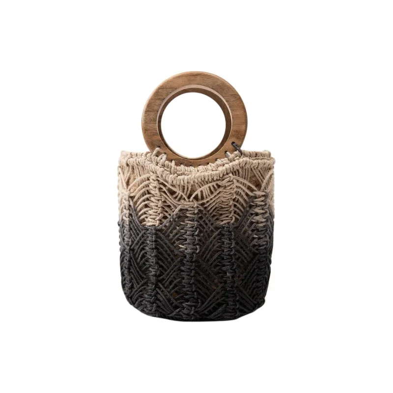 ZARA Jute Handbag Small Size Women's Black & Beige-0