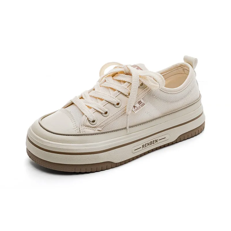RENBEN Wear-Resistant Breathable Height Increasing Low-Top Canvas Shoes Women's Beige-2