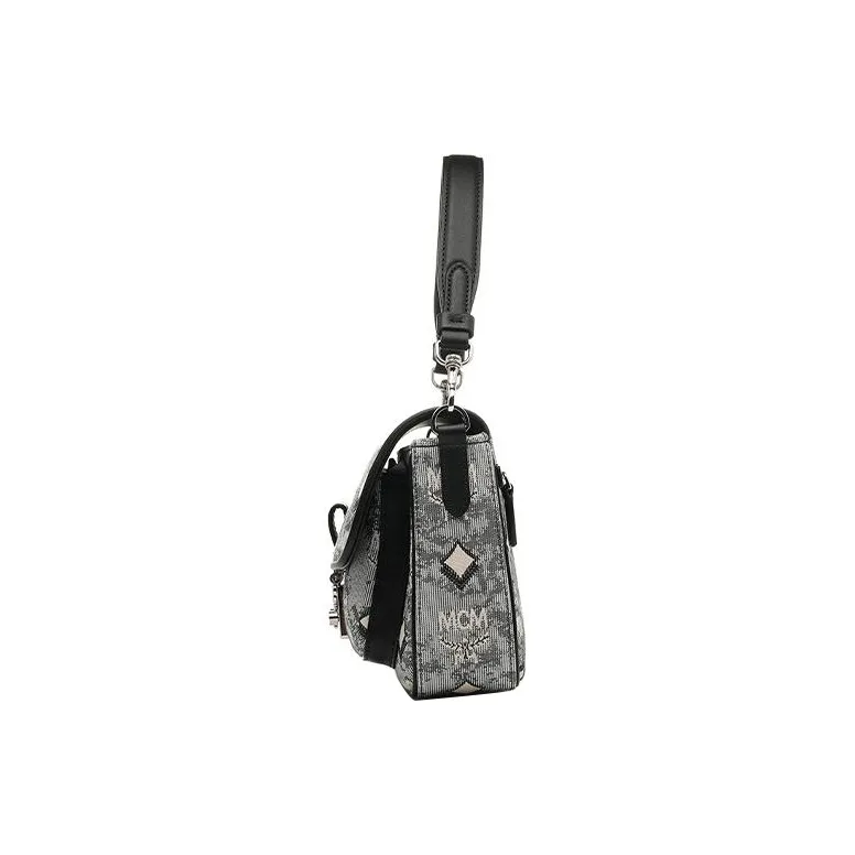 MCM Nappa Leather With Jacquard Fabric And Cow Leather Handbag, Shoulder Bag, Crossbody Bag Medium Size Women's Gray-3
