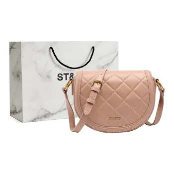 ST&SAT Cow Leather Patchwork Synthetic Leather Saddle Bag Shoulder Bag Crossbody Bag Large Size Women's Pink