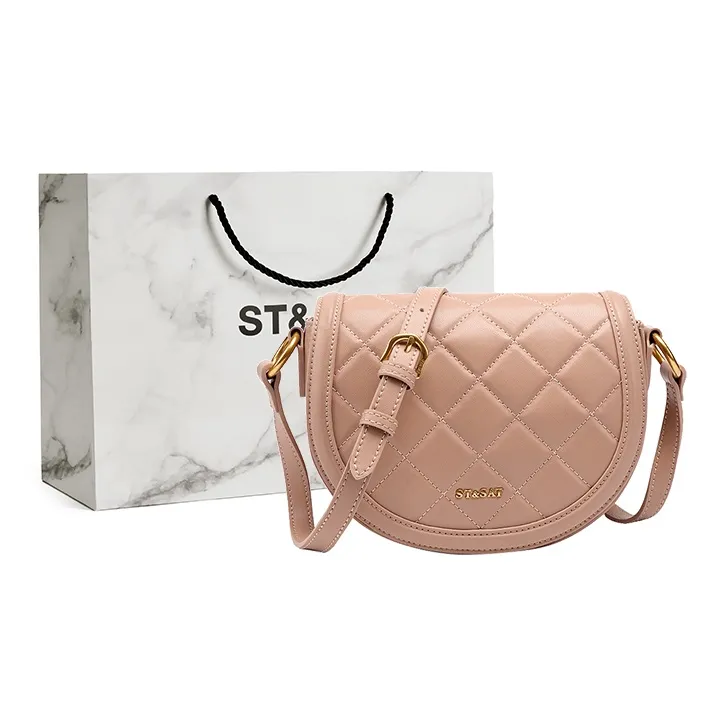 ST&SAT Cow Leather Patchwork Synthetic Leather Saddle Bag Shoulder Bag Crossbody Bag Large Size Women's Pink-4