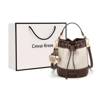 CinvaiKrose Cow Leather Patchwork Synthetic Leather Bucket Bags One Shoulder Handbags Small Size Women's White