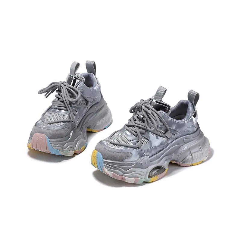 SELAIYA Anti Slip And Wear Resistant Height Increasing Low Top Chunky Sneakers Women's Silver, Black-2