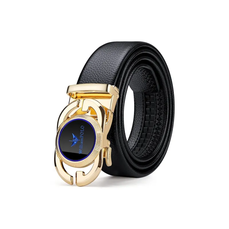 WilliamPOLO Cow Leather Top Grain Cow Leather Leather Belts Men's Gold Tone Lock Blue Logo Width 3.5cm-0