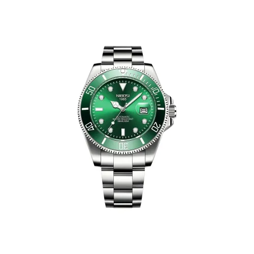 NIBOSI 1985 Mechanical Movement Stainless Steel Strap Watch Men
s Watches Green Dial