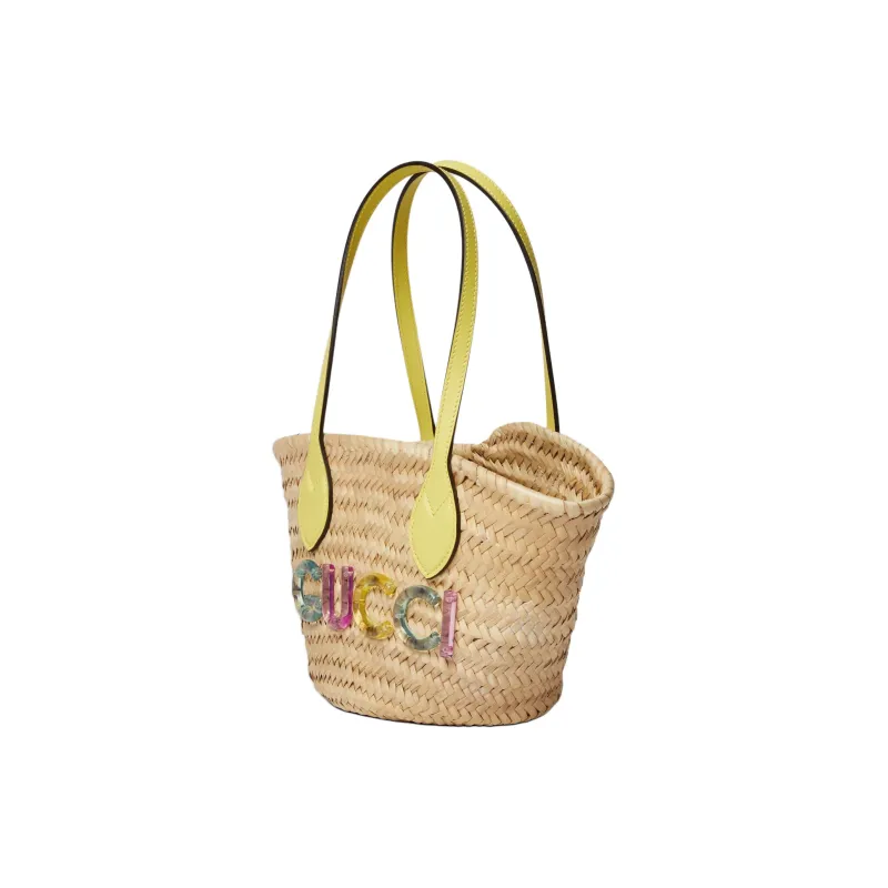 GUCCI Natural Woven Grass Tote Bag Shopping Bag Shoulder Bag Handbag Mini Unisex Beige-1