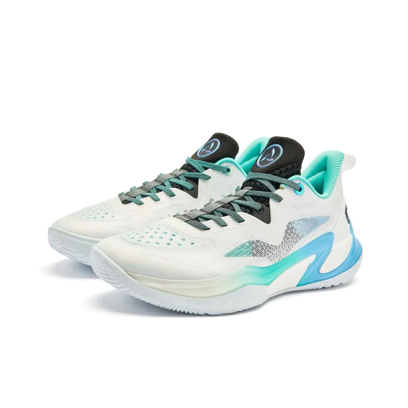 QIAODAN Wind Blade 4 Cushioned Slip Resistant Low Top Basketball Shoes Men's White Blue-2