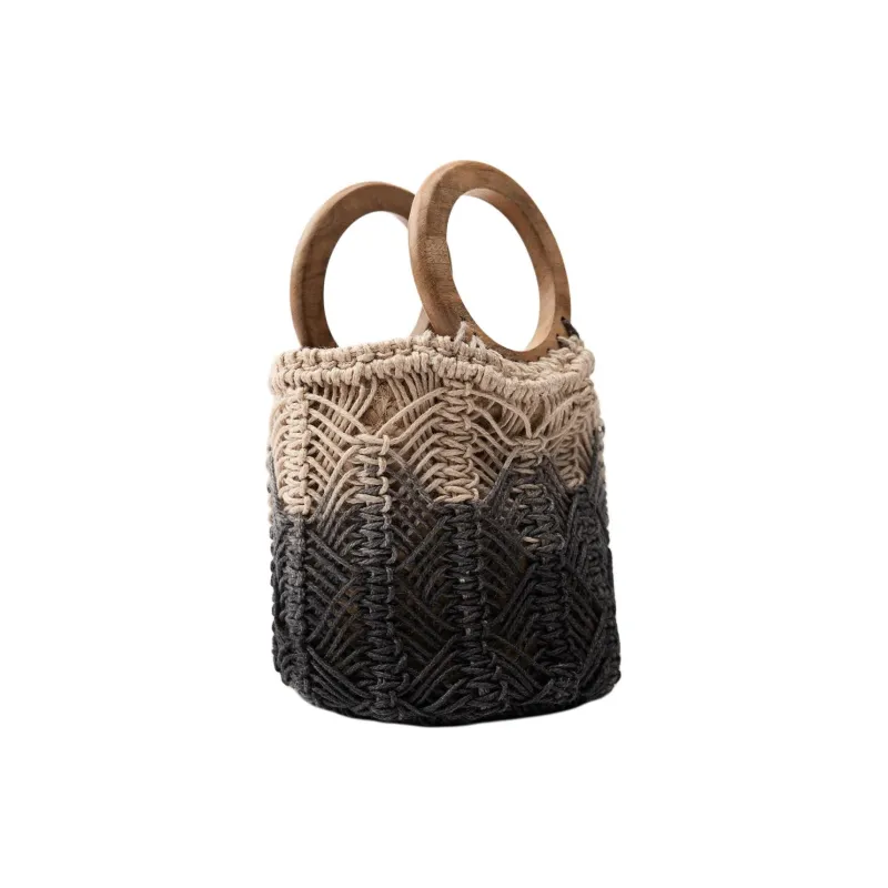 ZARA Jute Handbag Small Size Women's Black & Beige-2