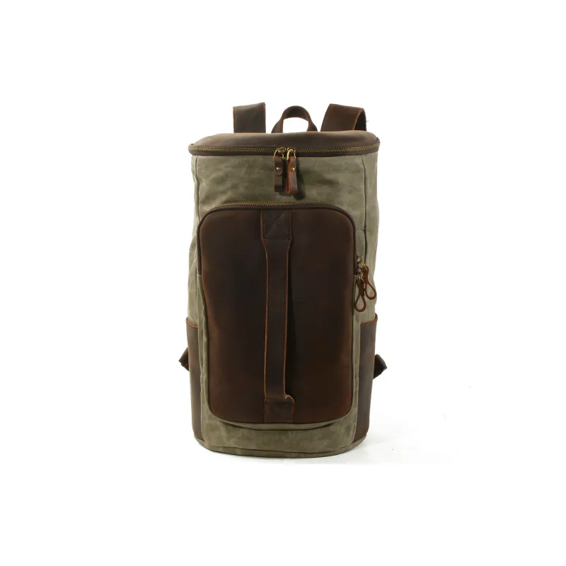 PULUWIRR Cowhide Patchwork Canvas Backpack Unisex Black/Khaki/Army Green/Gray-4