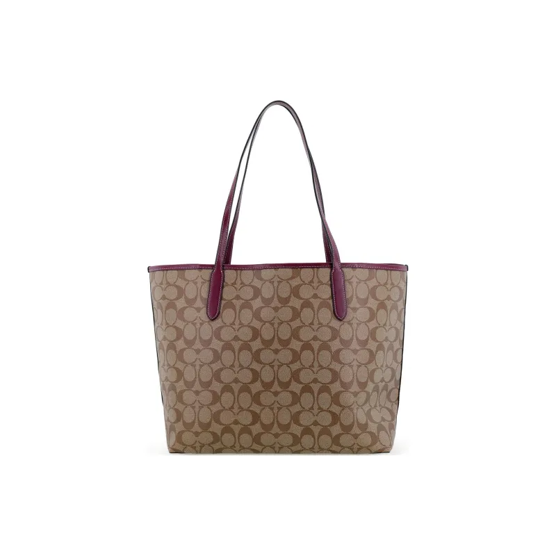 COACH City Artificial Leather Tote Bag Portable Crossbody Bag Shoulder Bag Large Size Women's Khaki Deep Berry Red-2