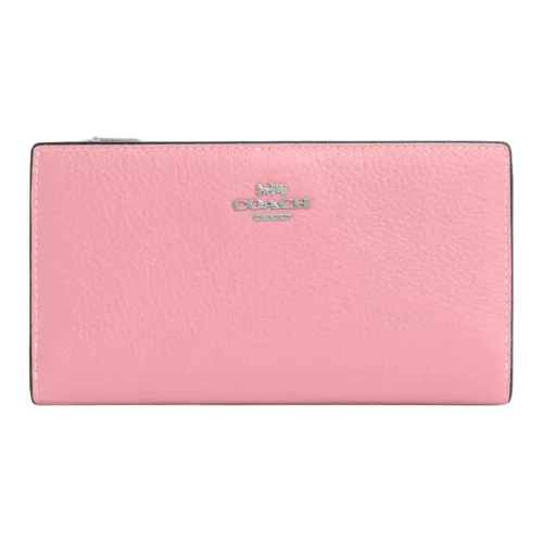 COACH Slim Wallet Delicate Pebbled Leather Wallet Small Size Women's Silver & Pink