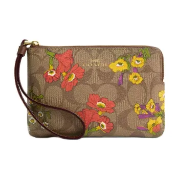 COACH Corner Zip Signature Canvas Clutch Small Size Women's Gold & Khaki Multicolor