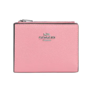 COACH Bifold Cross Grain Leather Wallet Mini Women's Silver & Floral Pink
