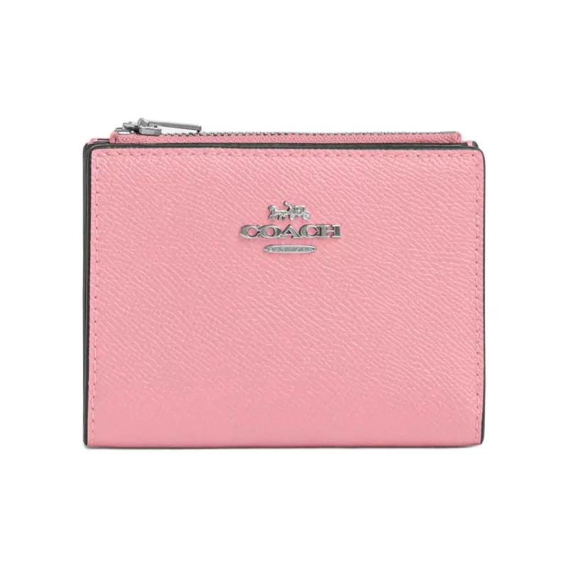 COACH Cross Grain Leather Wallet Mini Women's Silver & Floral Pink-0