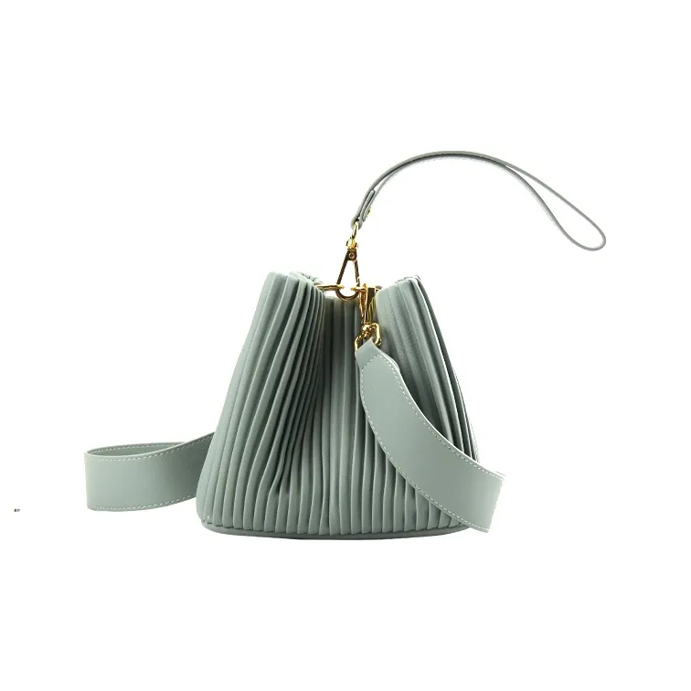 YOCAMU Cow Leather Handheld Bucket Bag Shoulder Bag Small Size Women's White/Green/Gray Green-11