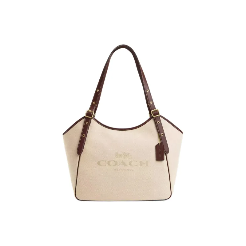 COACH Canvas With Smooth Leather Handbag Shoulder Bag Large Size Women's Gold & Natural Multicolor-0