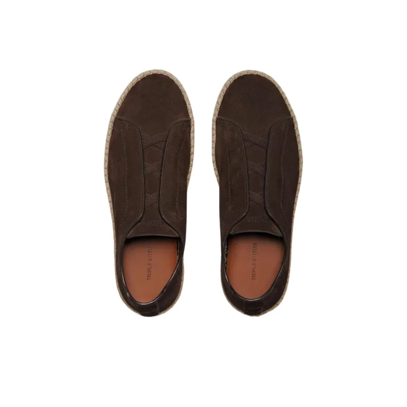 Zegna Suede Triple Stitch Espadrilles Dark Brown-3