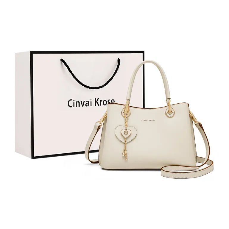 Simvay Clos Cow Leather With Synthetic Leather One Shoulder Handbags Medium Size Women's Apricot/Ecru/Black-4