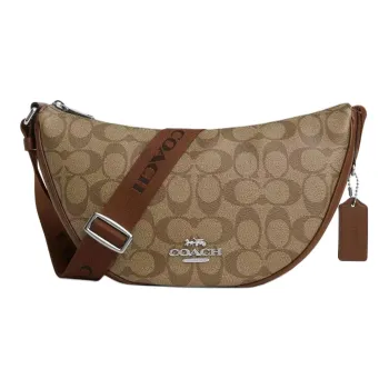 COACH Coated Canvas With Exquisite Calfskin Crossbody Bag Shoulder Bag Large Size Women's Silver & Khaki & Saddle Brown